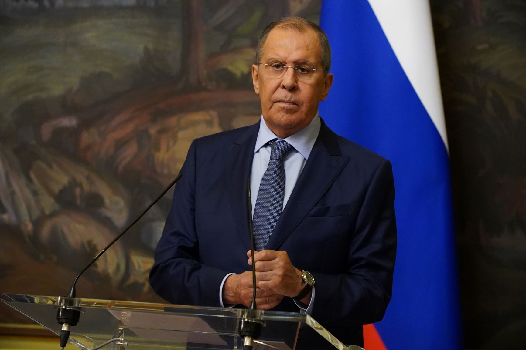 Moscow, Russia - August 19, 2021: Russia's foreign minister Sergey Lavrov during the press conference with Libya's foreign minister Najla El Mangoush. Editorial credit: Hussein Eddeb / Shutterstock.com