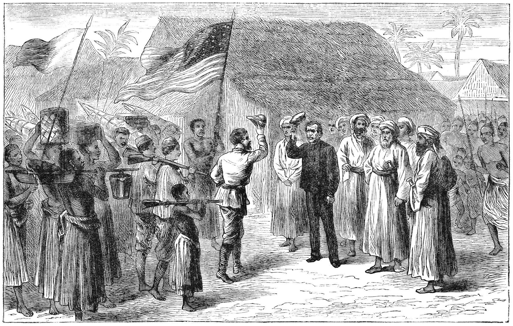 Stanley meets Livingstone. Historical artwork of the legendary meeting between Henry Morton Stanley (left) and David Livingstone (right) in Africa in 1871. Source: The Leisure Hour magazine, January 1873. | ONGOLO